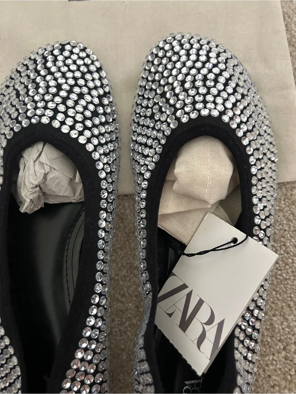Zara black ballet flats with silver rhinestones